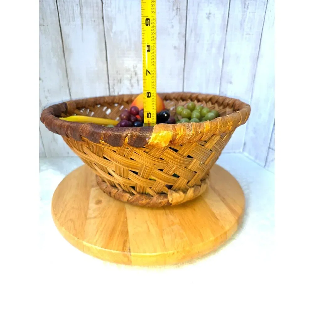 Vintage Woven Splint Lattice Basket Retro Mid Century Woven Wood Fruit Basket